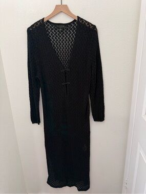 House Of Harlow Black Crochet Knit Maxi Dress Long Sleeve Boho Beach Coverup XL